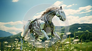 AI generated illustration of a white robotic horse running freely through a lush meadow