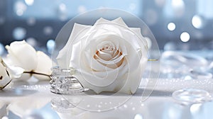 AI generated illustration of a white rose and wedding rings on a table against a neutral background