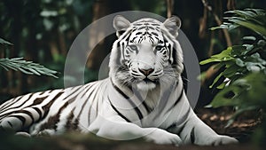 AI generated illustration of a white tiger lying down in the midst of a lush forest
