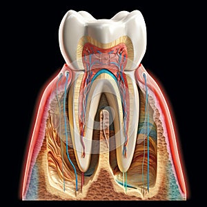 AI generated illustration of a white tooth with internal structure exposed and visible