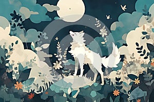 AI generated illustration of a white wolf howling in a forest under the full moon