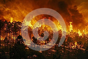 AI-generated illustration of wildfire amidst trees on sloping terrain, flames engulf the landscape