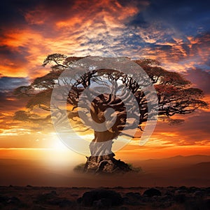 Ai Generated illustration Wildlife Concept of Acacia Tree Sunset Serengeti Africa