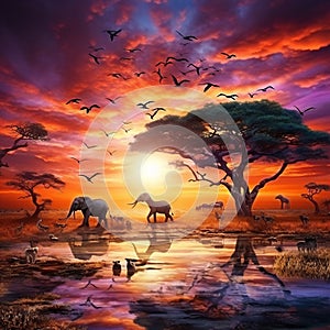 Ai Generated illustration Wildlife Concept of Africa safari sunset