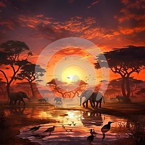 Ai Generated illustration Wildlife Concept of Africa safari sunset