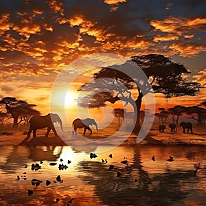 Ai Generated illustration Wildlife Concept of Africa safari sunset