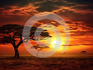 Ai Generated illustration Wildlife Concept of Africa safari sunset in trees