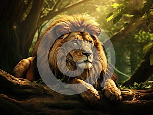 Ai Generated illustration Wildlife Concept of African Lion Laying in Forest