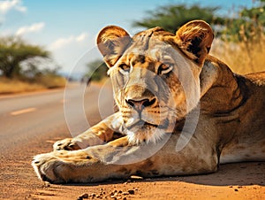 Ai Generated illustration Wildlife Concept of African lioness road block