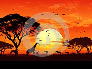 Ai Generated illustration Wildlife Concept of African Safari Sunset Silhouette Scene