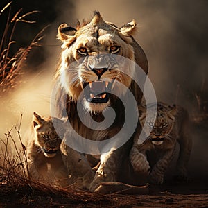 Ai Generated illustration Wildlife Concept of Aggressive lioness with cubs