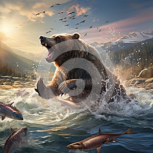 Ai Generated illustration Wildlife Concept of Alaska Brown Grizzly Bear Fishing for Salmon