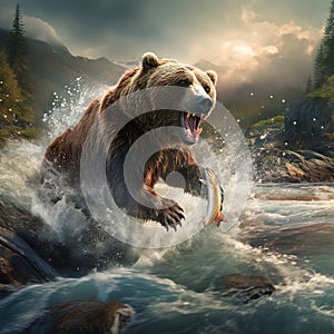 Ai Generated illustration Wildlife Concept of Alaska Brown Grizzly Bear Fishing for Salmon