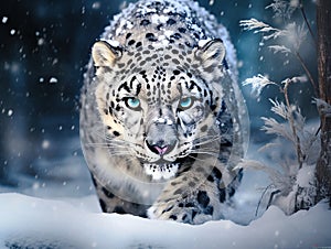 Ai Generated illustration Wildlife Concept of Amazing photograph of stalking snow leopard