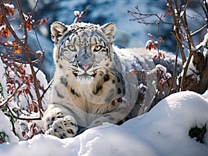 Ai Generated illustration Wildlife Concept of Amazing photograph of stalking snow leopard