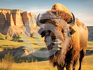 Ai Generated illustration Wildlife Concept of American Bison Bull in Badlands of South Dakota