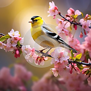 Ai Generated illustration Wildlife Concept of American Goldfinch in a Flowering Crabapple Tree