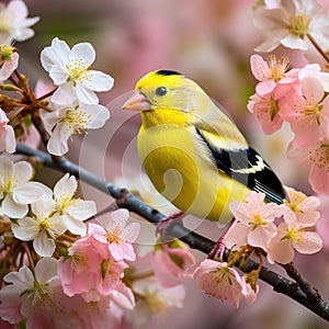 Ai Generated illustration Wildlife Concept of American Goldfinch in a Flowering Crabapple Tree