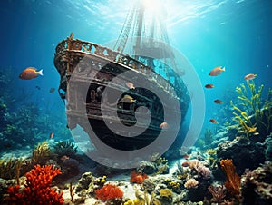 Ai Generated illustration Wildlife Concept of Ancient Ship-Wreck underwater