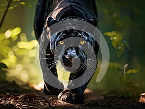 Ai Generated illustration Wildlife Concept of Angry Black Jaguar Stalking Forward