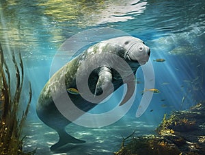 Ai Generated illustration Wildlife Concept of Antillean manatee (Trichechus manatus manatus).