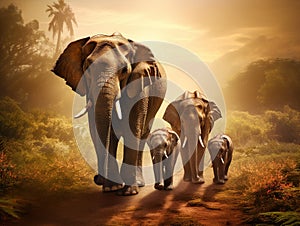 Ai Generated illustration Wildlife Concept of Asian elephant familys walking