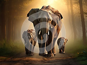 Ai Generated illustration Wildlife Concept of Asian elephant familys walking