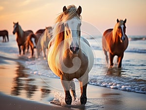 Ai Generated illustration Wildlife Concept of Assateague Wild Ponies on the Beach
