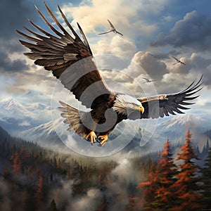 Ai Generated illustration Wildlife Concept of Bald Eagle flying Homer Alaska