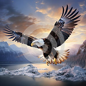 Ai Generated illustration Wildlife Concept of Bald Eagle flying Homer Alaska