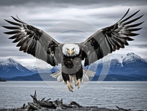 Ai Generated illustration Wildlife Concept of Bald Eagle landing Homer Alaska