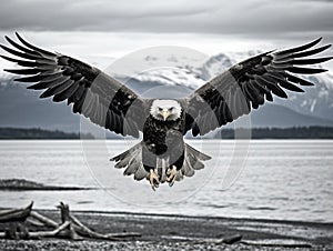 Ai Generated illustration Wildlife Concept of Bald Eagle landing Homer Alaska