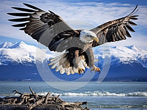 Ai Generated illustration Wildlife Concept of Bald Eagle landing Homer Alaska