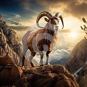 Ai Generated illustration Wildlife Concept of Barbary Sheep on cliff