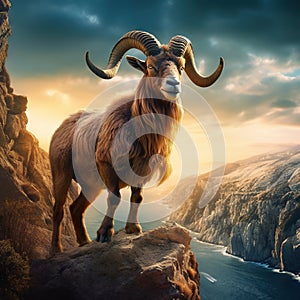 Ai Generated illustration Wildlife Concept of Barbary Sheep on cliff