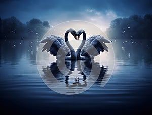 Ai Generated illustration Wildlife Concept of Beautiful black swan in heart shape on lake blue moon light