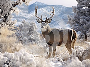 Ai Generated illustration Wildlife Concept of Big mule deer buck in rut