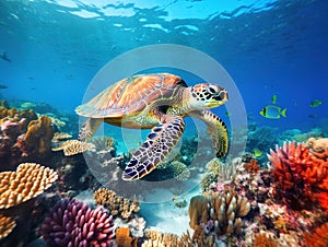 Ai Generated illustration Wildlife Concept of Big sea turle underwater