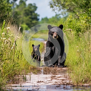 Ai Generated illustration Wildlife Concept of Black bear with cub. Alligator River NWR