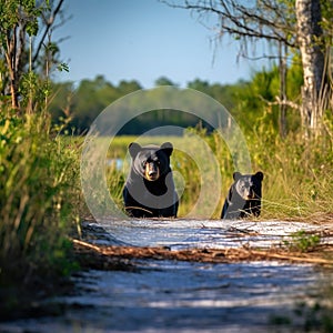 Ai Generated illustration Wildlife Concept of Black bear with cub. Alligator River NWR photo