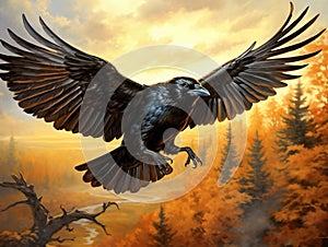 Ai Generated illustration Wildlife Concept of Black crow in flight with spread wings