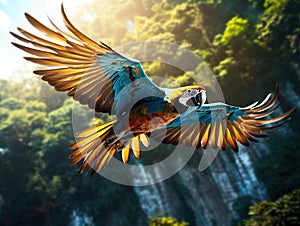 Ai Generated illustration Wildlife Concept of Blue and gold macaw Ara ararauna. Parrot birds flying. Wildlif