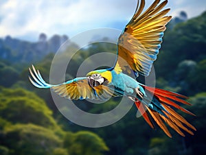 Ai Generated illustration Wildlife Concept of Blue and gold macaw Ara ararauna. Parrot birds flying. Wildlif