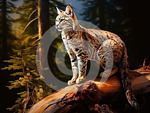 Ai Generated illustration Wildlife Concept of Bobcat feline on tree stump