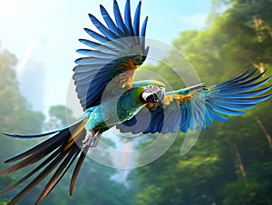 Ai Generated illustration Wildlife Concept of Bright ara parrot flying
