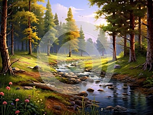 Ai Generated illustration Wildlife Concept of Brook and meadow and forest.