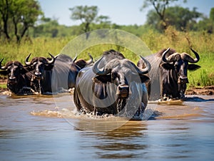 Ai Generated illustration Wildlife Concept of Buffalo Herd Water Wildlife