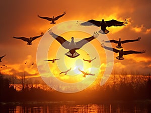 Ai Generated illustration Wildlife Concept of Canadian Geese Fly at Sunset