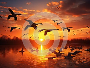Ai Generated illustration Wildlife Concept of Canadian Geese Fly at Sunset