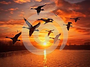Ai Generated illustration Wildlife Concept of Canadian Geese Fly at Sunset